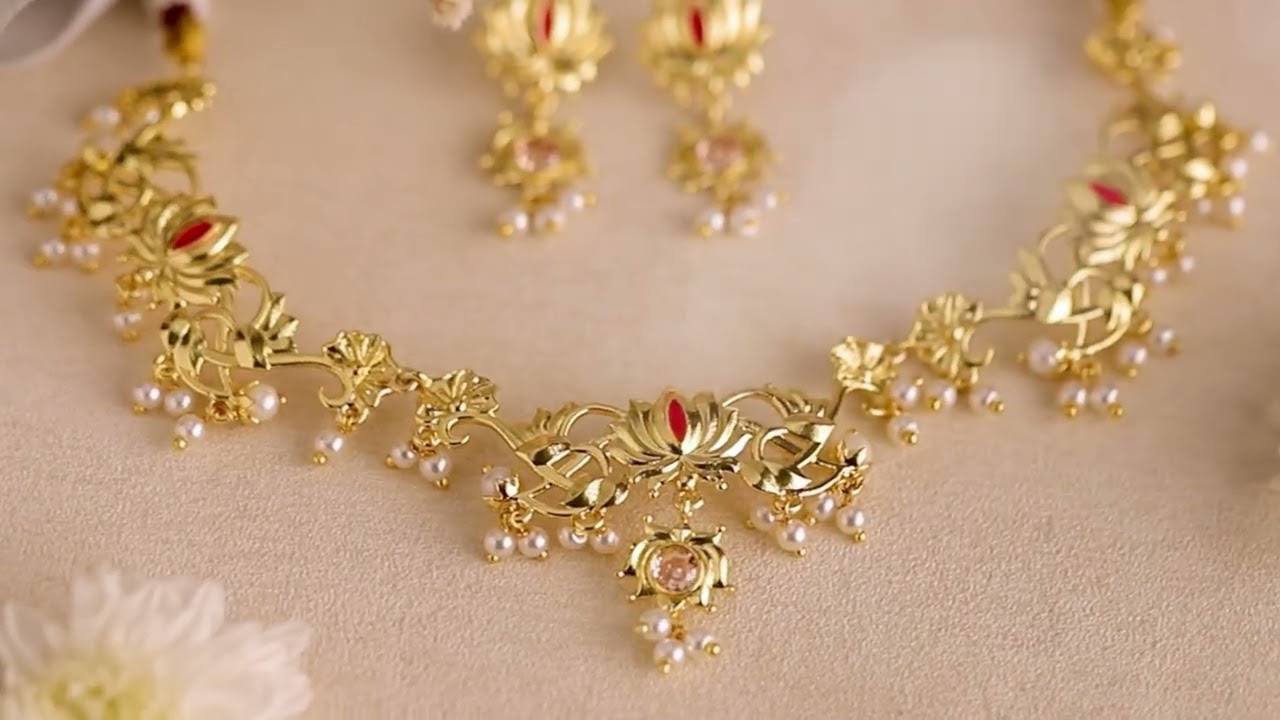 Voylla Apsara Faux Pearls Adorned Brass Lotus Motifs Gold Plated Jewellery Set