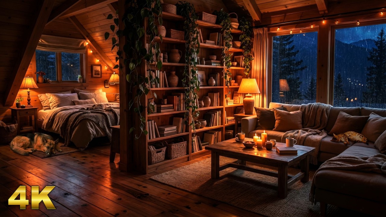 Thunderstorm over a Divided Cabin: Cozy Living Room & Bedroom ⛈️ No Fireplace