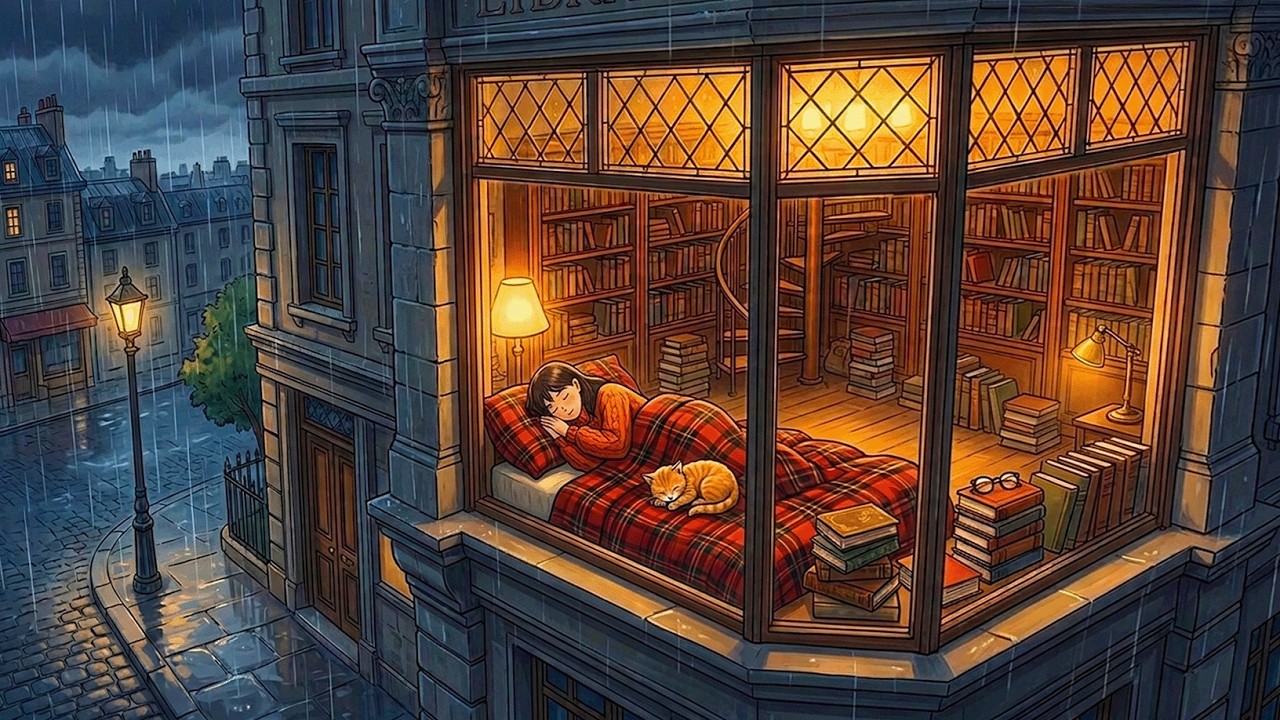 Sleeping in an 1880s Victorian London Library 📚🌧️ Cozy Rainy Night with a Cat | Ghibli-Style ASMR