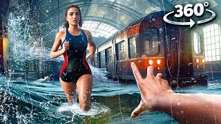 360° TRAIN STATION FLOOD 1 - Escape Tsunami Wave with Girlfriend VR 360 Video 4k ultra hd