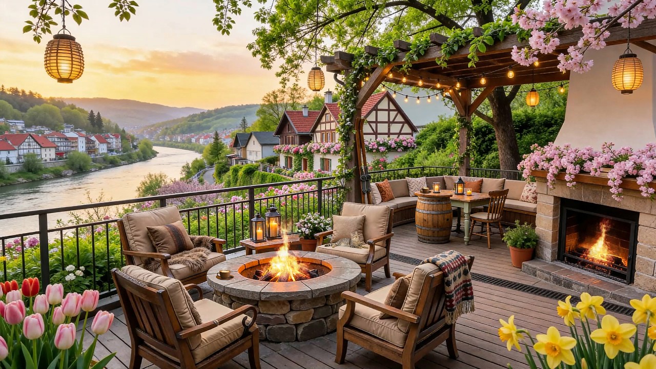 Smooth Jazz for Spring Mornings | Blooming Lakeside Terrace & Fireplace Ambience for Work, Relax