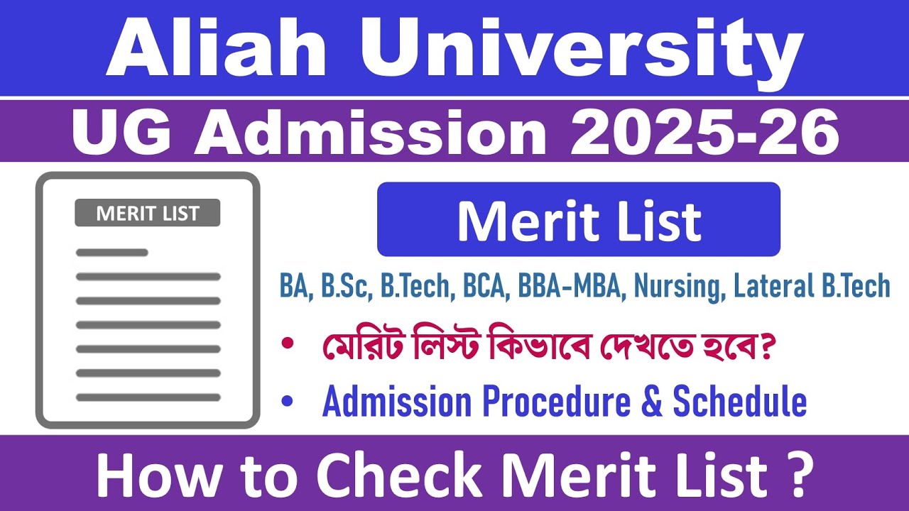 Aliah University UG Admission Merit List 2025-2026: AUAT BA/B.Sc/BCA/B.Tech/BBA-MBA/Nursing