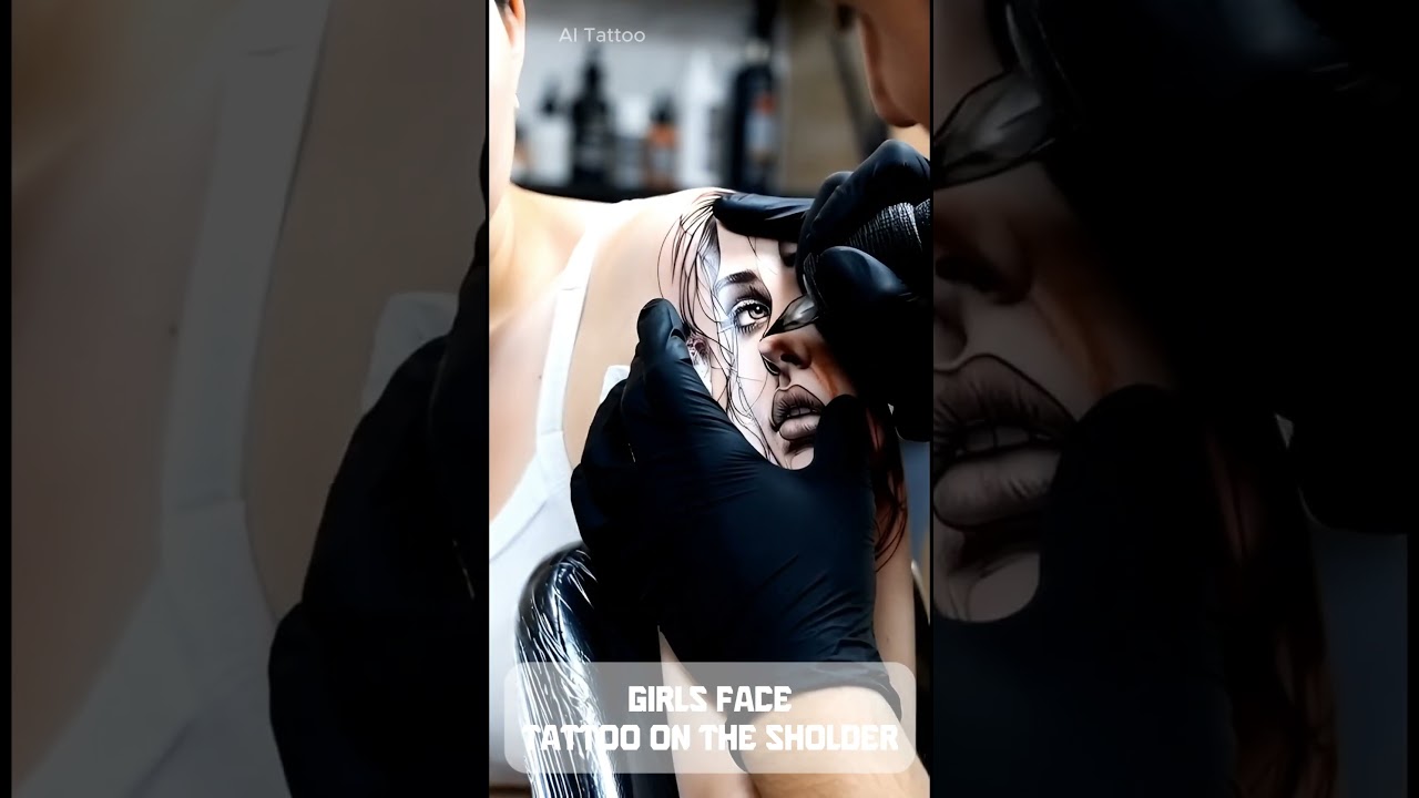 Girls face tattoo on a shoulder by AI Tattoo