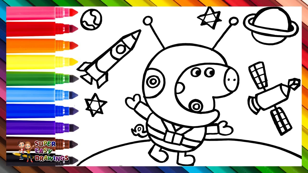 Draw and Color Peppa Pig in Space 🐷👩‍🚀🚀🌎🛰️🌑⭐🌈 Drawings for Kids