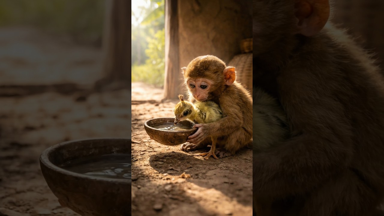 Cute monkey adopts a baby peacock 