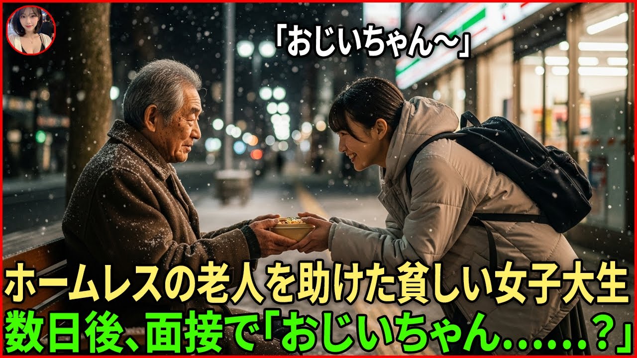毎日、寒さに震えるホームレスの老人を救った唯一の女子大生――数日後、面接に行くと……そこにいたのは億万長者の老人だった？#動エピソード#老後の物語 #家族の物語