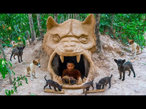 ⁣Newborn Puppies Rescued And Build Heaven Underground Dog House And Red Fish Pond