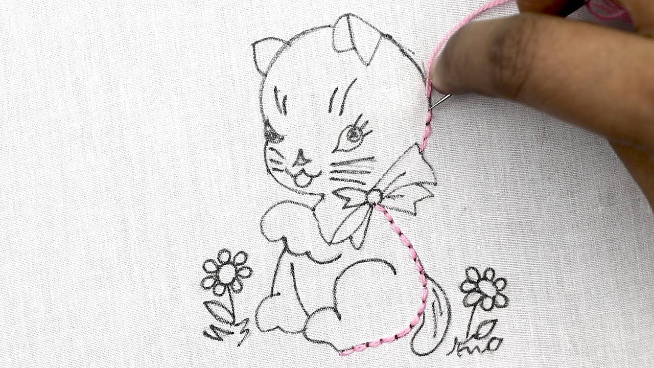 amazing hand embroidery designs of a cute kitty pattern, new hand embroidery work of cute Angela