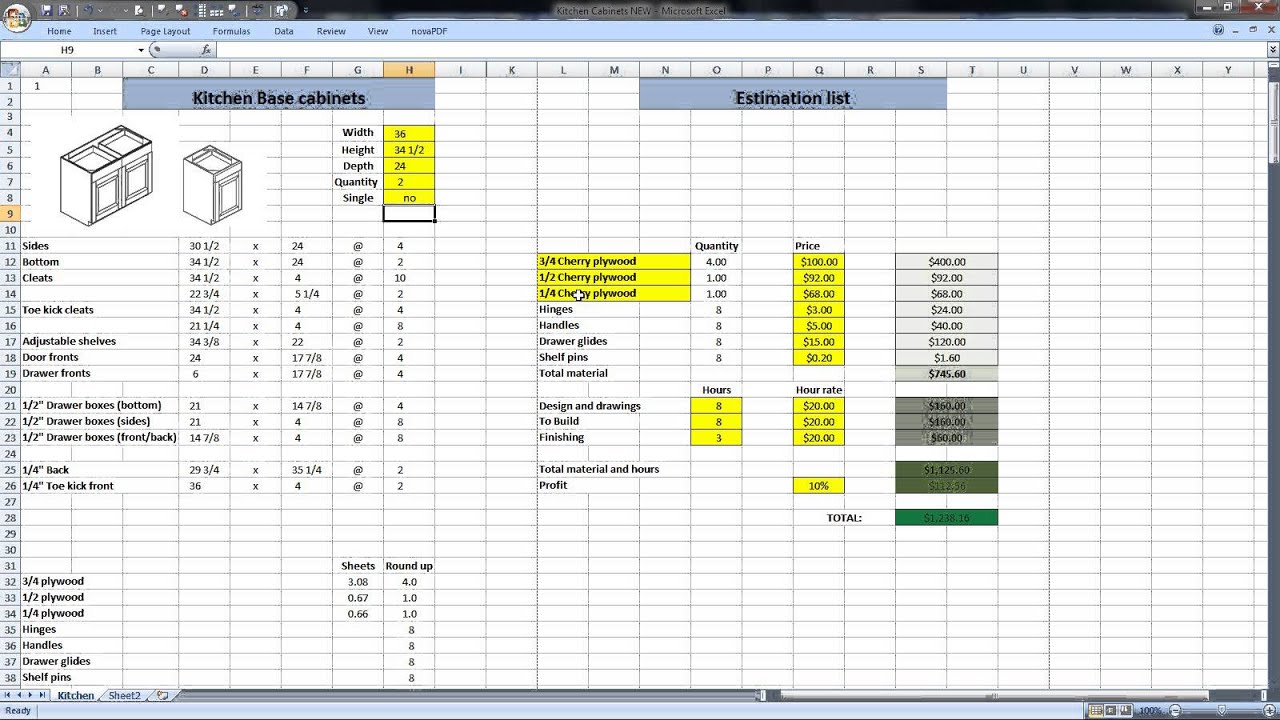 Kitchen cabinets cut list and estimate - YouTube