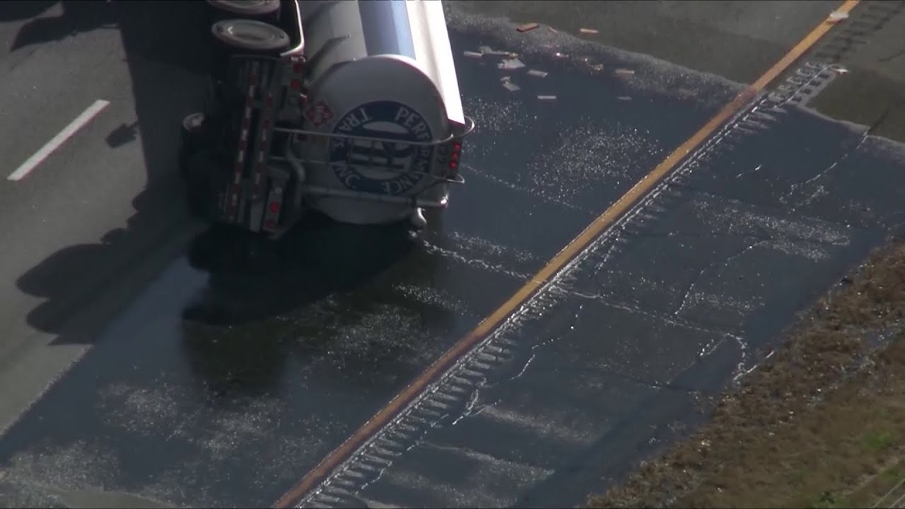 Tanker rolls over, spilling fuel on Route 3 - YouTube