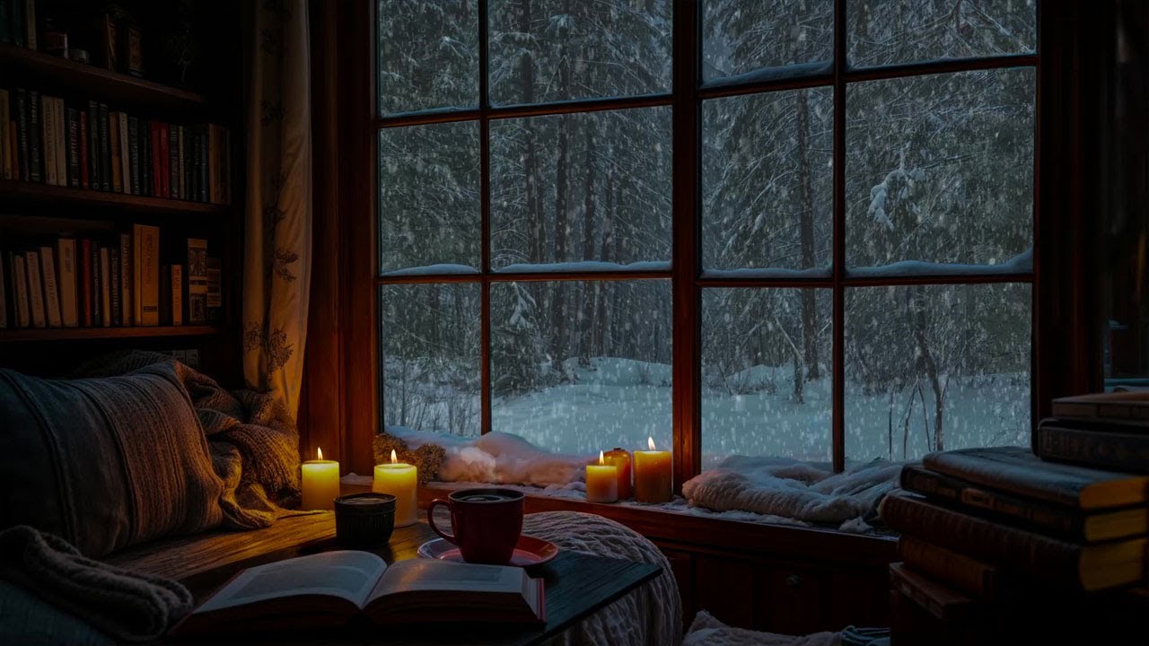 Quiet Snowy Evening by the Window | Relaxing Candlelight Ambience for Sleep, Reading & Rest