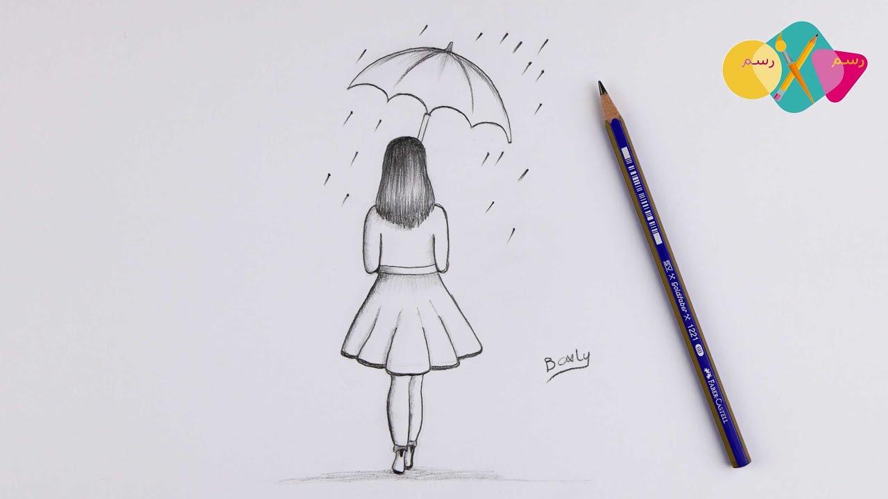 رسم بنات سهل || تعلم رسم فتاة كيوت بالرصاص | تحمل مظلة خطوة بخطوة للمبتدئين
