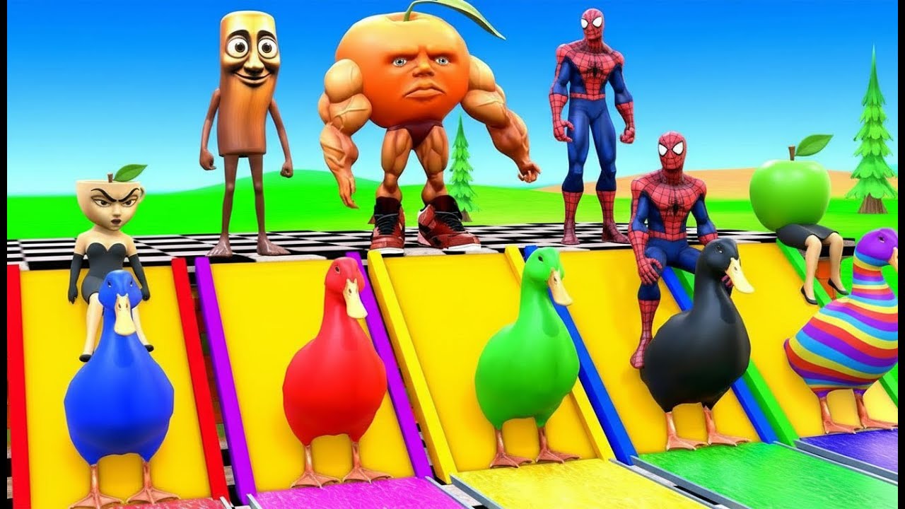 Spider-Man Riding Animals in a Crazy Long Slide 🕷️🐄🐘🦍 | Funny 3D Animal Game