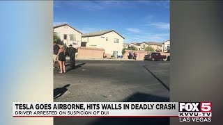 Driver arrested after Tesla goes airborne, hits wall in deadly crash in southwest Las Vegas