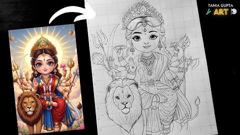 Cute Maa Durga with Lion Outline Drawing, Step By Step Drawing Tutorial , Tania Gupta Art
