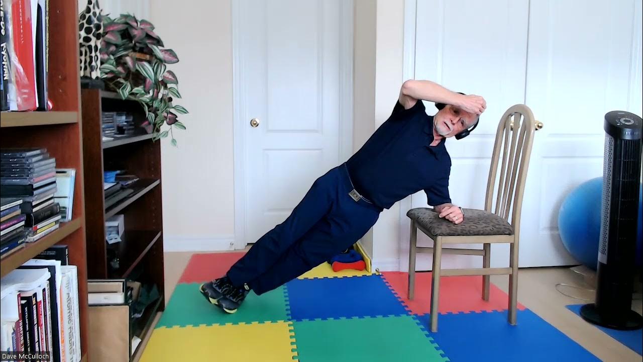 Core exercise for seniors using a chair demonstrated by a senior YouTube