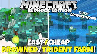 Minecraft Bedrock: Improved DROWNED & TRIDENT Farm! 1,100+ Drowns/Hour Tutorial! MCPE Xbox PC Switch