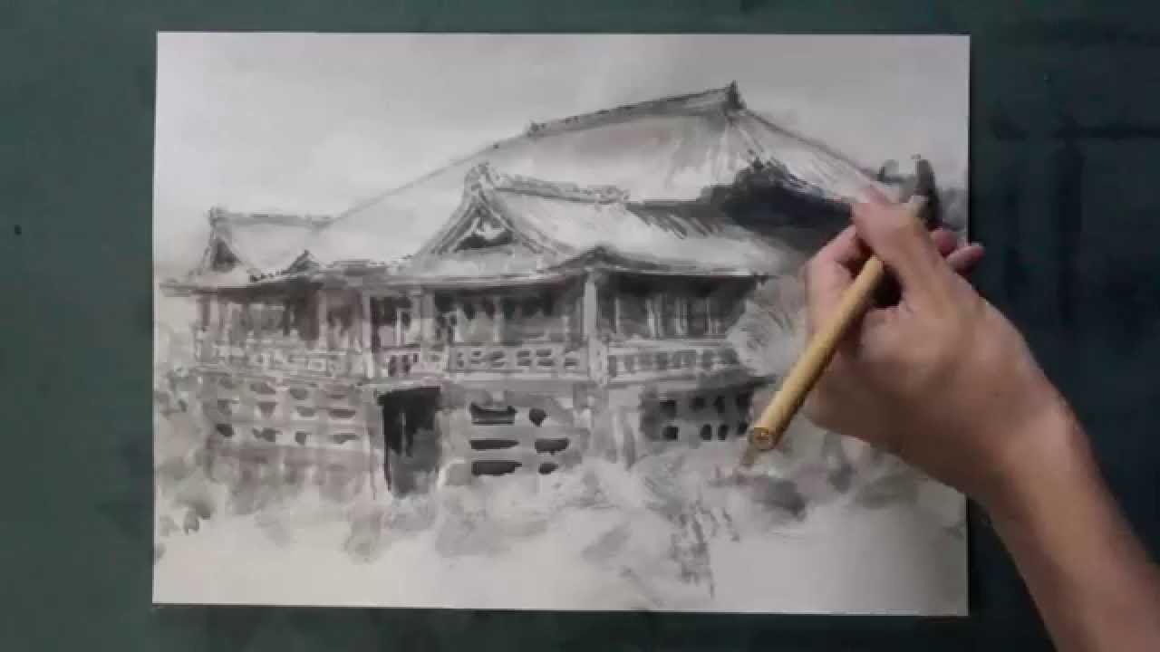 ゴールデンウィークは旅行シーズン 国内観光 描きたい名所16 清水寺 Kiyomizu Dera を墨でデッサン 8倍速 Youtube