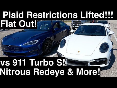 Plaid 1/4mile Restrictions Lifted! Porsche 911 Turbo S! Trackhawk!Vette and Redeye. Six runs!