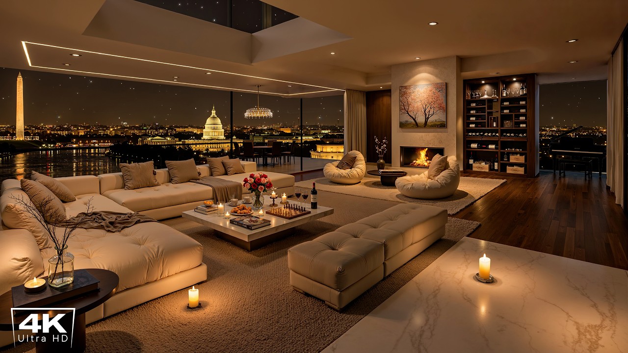 Relaxing Washington DC Night in Cozy Apartment | Smooth Jazz & Fireplace Sounds to Study, Work