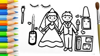 Easy Cute Simple Bride Groom Drawing| Painting Colouring kids toddlers|how to draw easy bride Groom