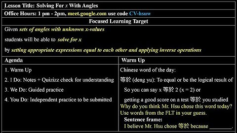 [Integrated Math 1] 3/19/2020 Lesson: Solving For x With Angles