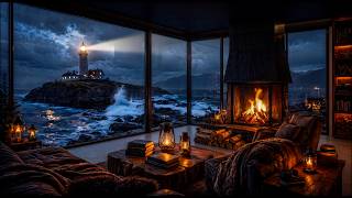 Dark Arctic Night Ambience | Big Ocean Waves, Lighthouse & Warm Cozy Fire for Sleep