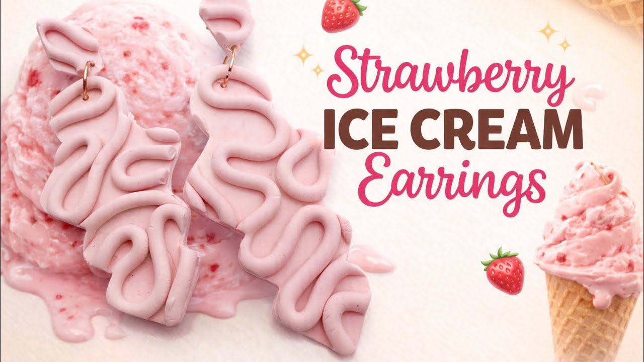 Strawberry Ice Cream Inspired Polymer Clay Earrings | DIY Tutorial