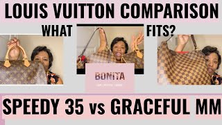 LOUIS VUITTON SPEEDY 35 vs GRACEFUL MM COMPARISON || WHAT FITS? || SIZE COMPARISON-TRAVEL EDITION