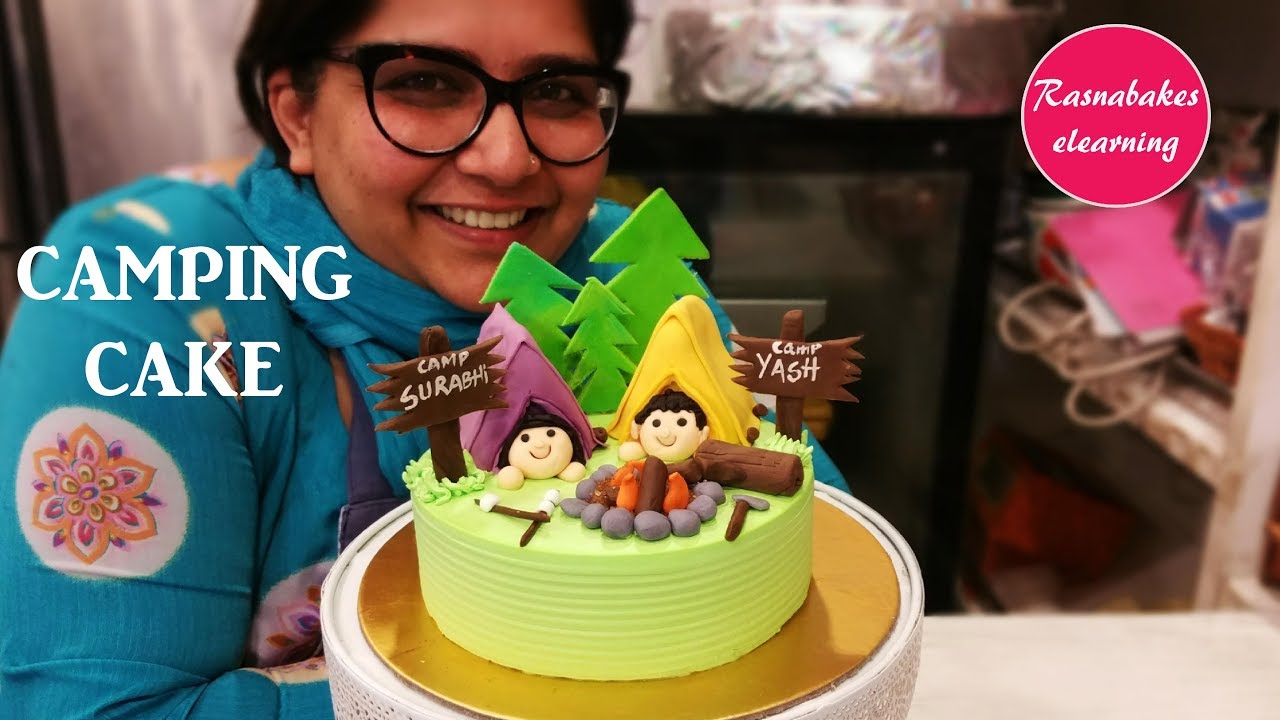 Kids Camping picnic gear tents backpacking sleeping bag equipment campfire birthday cake design