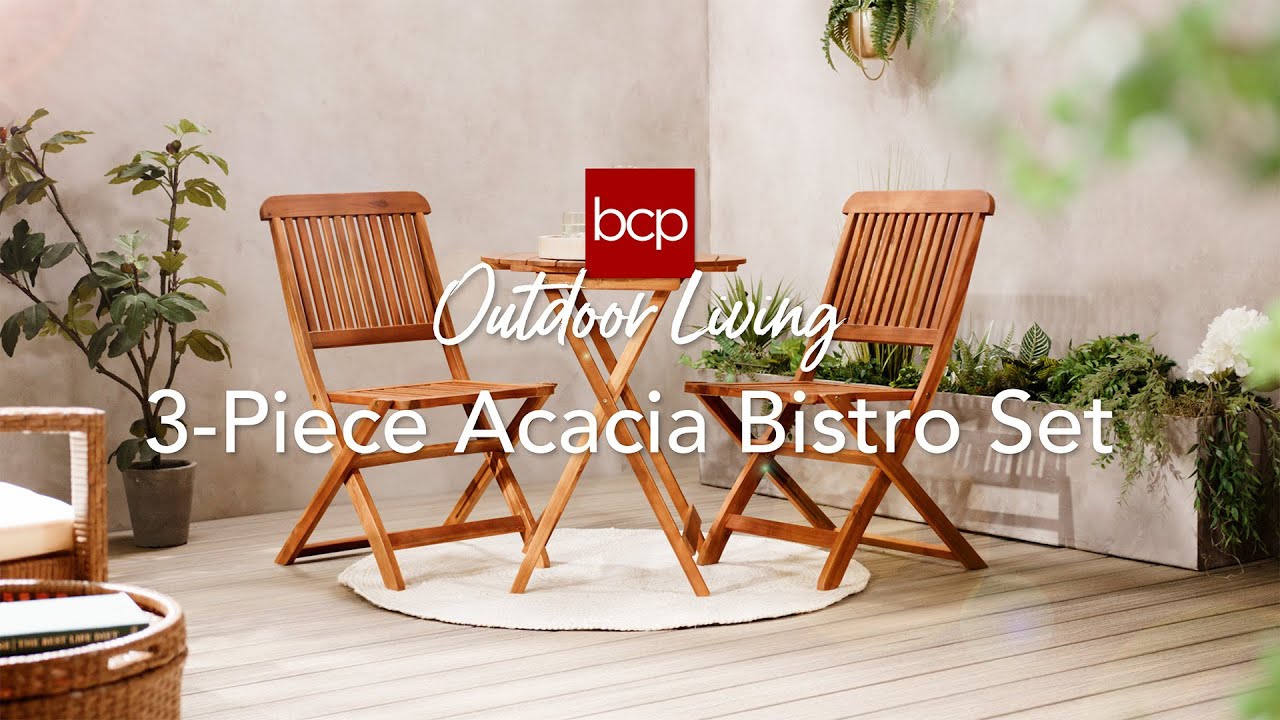 3-Piece Acacia Wood Bistro Set w/ Folding Table, 2 Chairs – Best