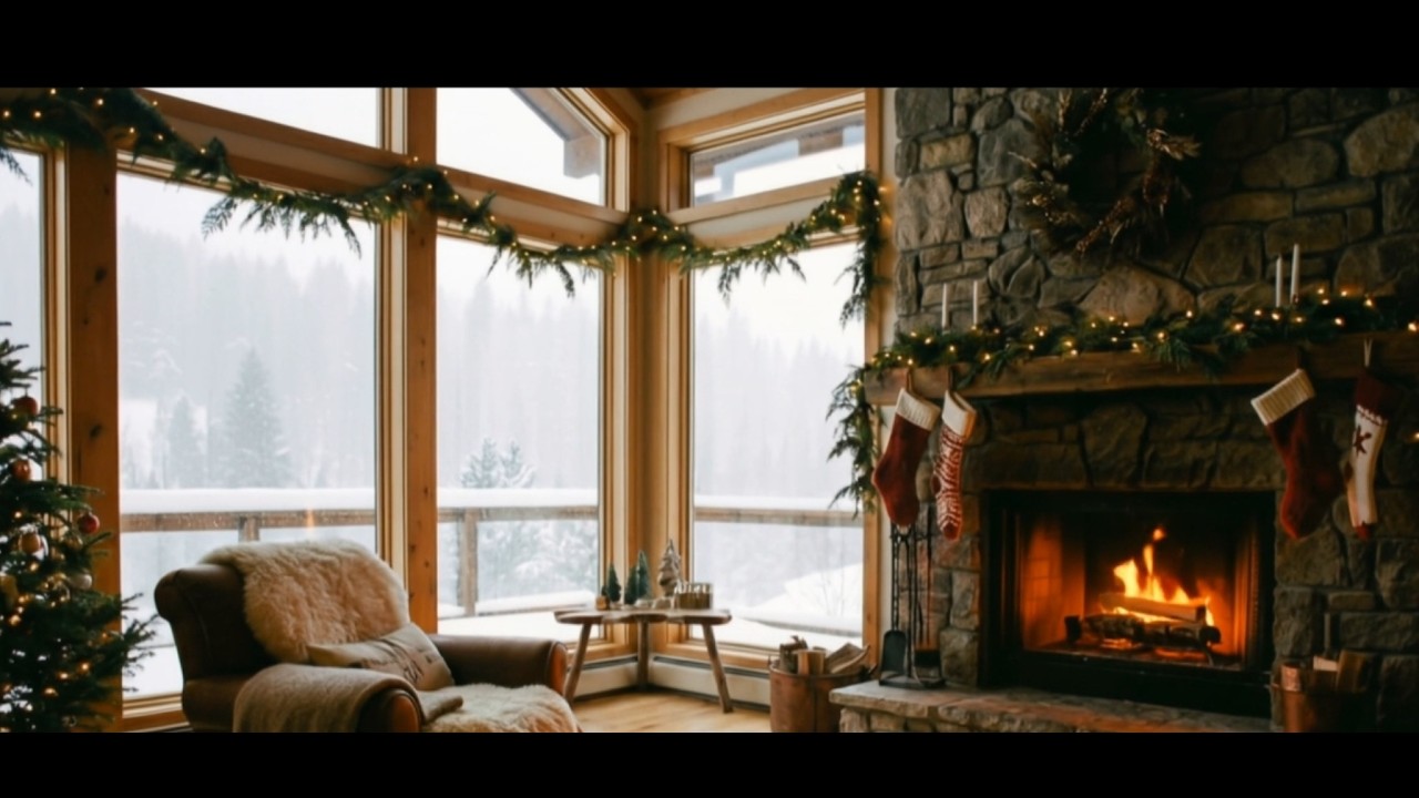 Cozy Winter Evening ❄️ Warm Fireplace Ambience with Soft Snowfall