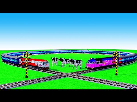 【踏切アニメ】あぶない電車 TWO TRAIN VS COW 🚍Stop the train  Fumikiri 3D Railroad Crossing Animation #2024