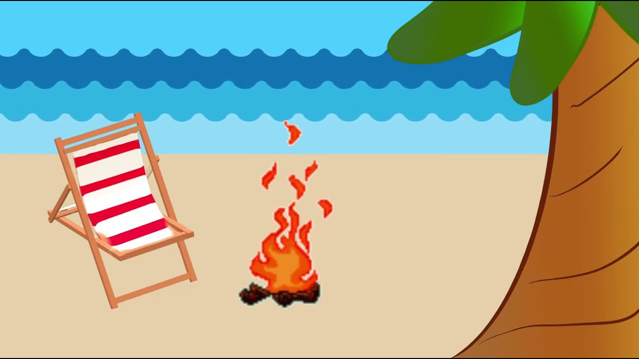 Beach Waves Ambience: 4 Hours Day to Night cartoon sand, firepit, palm trees, wind, birds, & nature