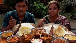 Royal Eating Menu - Fine Rice with Mutton Kosha - Egg Kebab Curry - Peas with Fish Head - Luchi