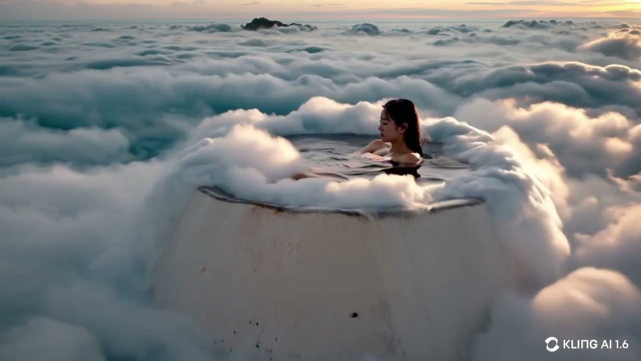 Beautiful Japanese girl in an onsen among the clouds