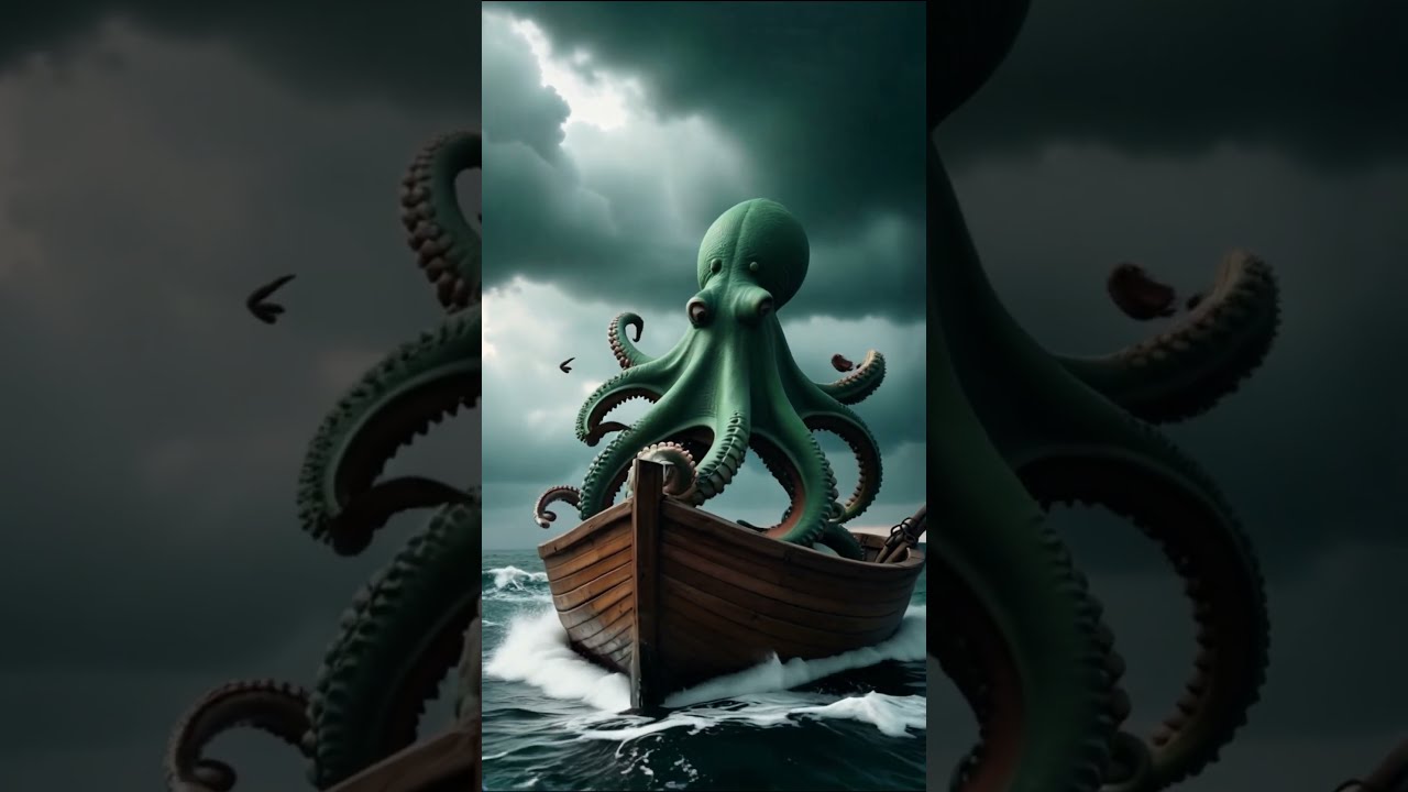 A Large Green Octopus Emerging From Wooden Boat Against Stormy