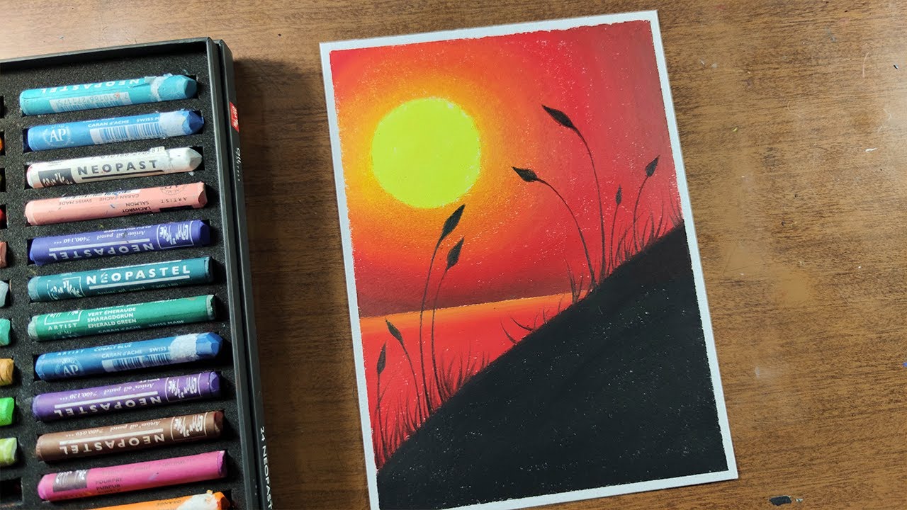 Lindo Sol al Atardecer, Dibujo con óleo Pastel - thptnganamst.edu.vn