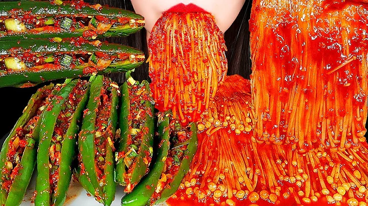 ASMR Eating Spicy Enoki Mushrooms, Cucumber Pepper Kimchi Mukbang #asmr #mukbang #eating #kimchi 