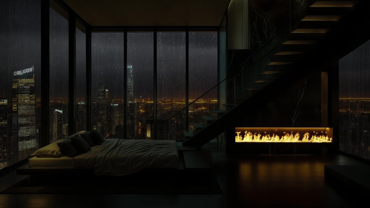 Miami Penthouse Rainstorm Night | Heavy Rain, Cozy Fireplace & Distant Thunder for Deep Sleep