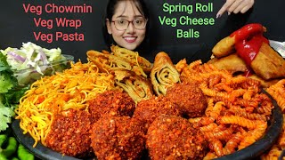 Eating Veg Chowmin, Spring Rolls, Veg Wrap, Schezwan Pasta | Big Bites | Asmr Eating | Mukbang