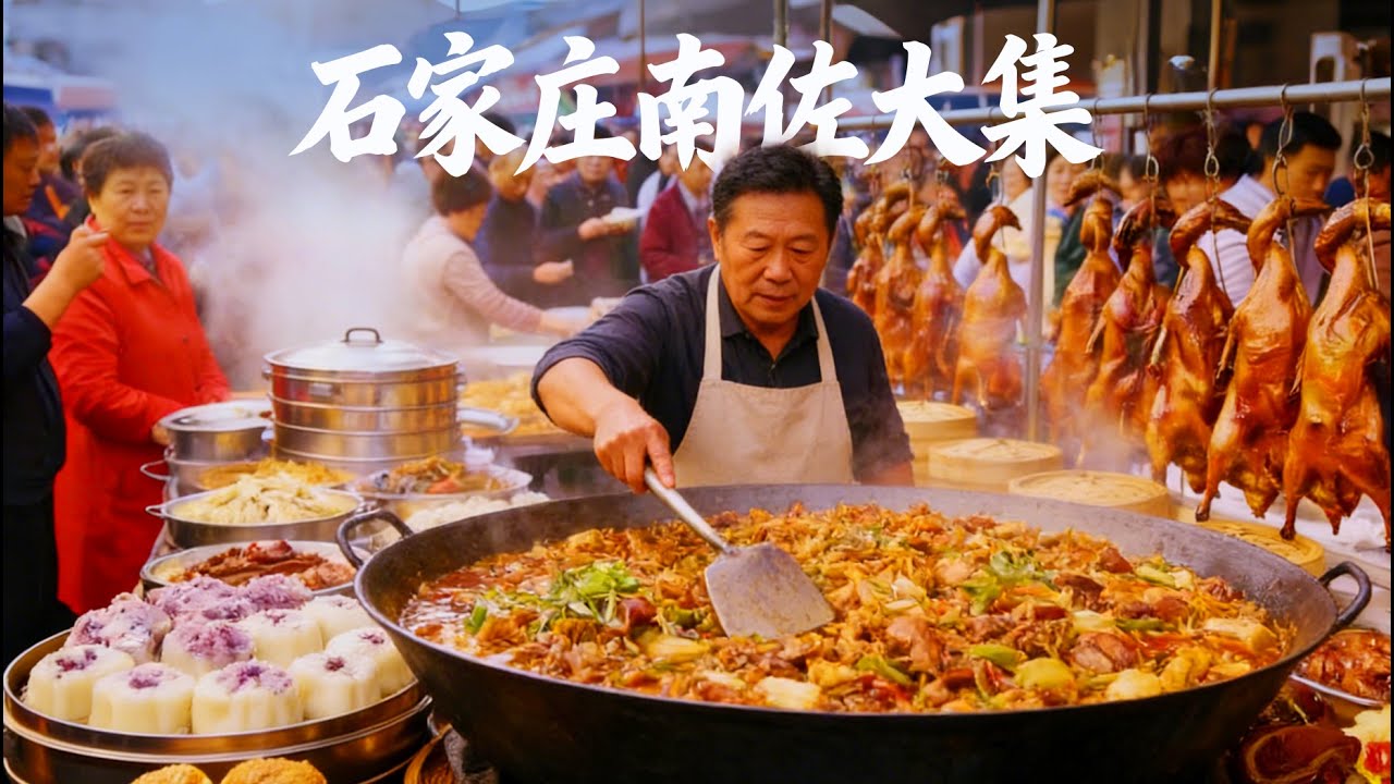 中国最受欢迎的石家庄百年大集，人间烟火天花板！5元吃饱！新年“太行第一集” 千米长街万人涌动！乡村猛火烹饪炒凉皮，锅气十足！特色黄饸烙面绝配缸炉烧饼，1米新疆烤串香味扑鼻，万种美食好物，人们疯狂抢购