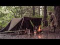 【ソロキャンプ】大雨の軍幕野営！大粒の雨が降る森の中、焚火と鉄中華鍋でチャーハンへ挑む！【ブッシュクラフト】