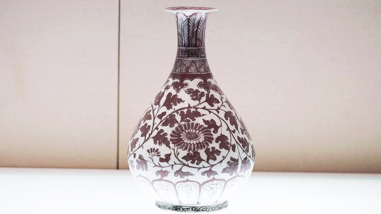 中国古美術✦大明宣徳紋 霽藍紅釉浮彫り花卉紋盤セット✦置物・文房具・陶芸・観賞皿 Antique Appreciation]Underglaze Red Pear-shaped Vase with Flowral