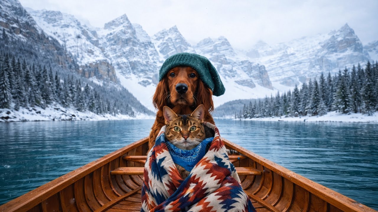 Cozy Winter Canoe Ambience ❄️ Cat & Dog on Moraine Lake 🛶 | Relaxing Nature Sounds