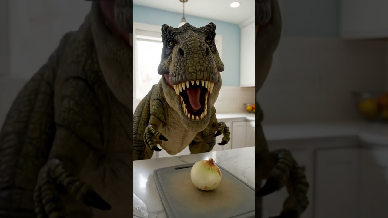 Funny AI sci-fi comedy: T-Rex loses to onion 😂🦖🧅 