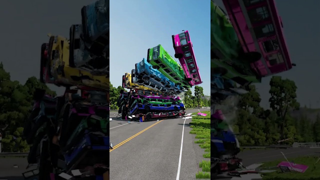 Mixed Color Rainbow Bus Tower Fall Crashed BeamNG Drive