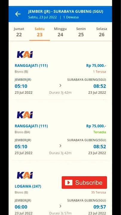 Tiket Kereta Api Jurusan Jember - Surabaya | kelas bisnis | weekend✓
