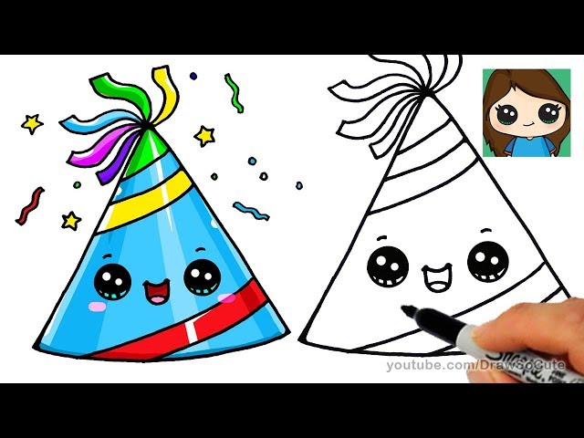 Black and White Birthday Hat Clipart - Party Cap Drawing