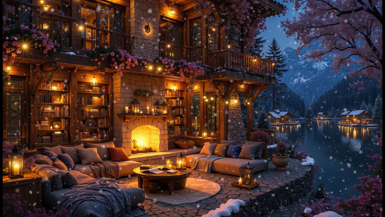 Relaxing in Cozy Winter Cabin in Lake ❄️ Smooth Piano Music, Fireplace Sounds & Snowy Night